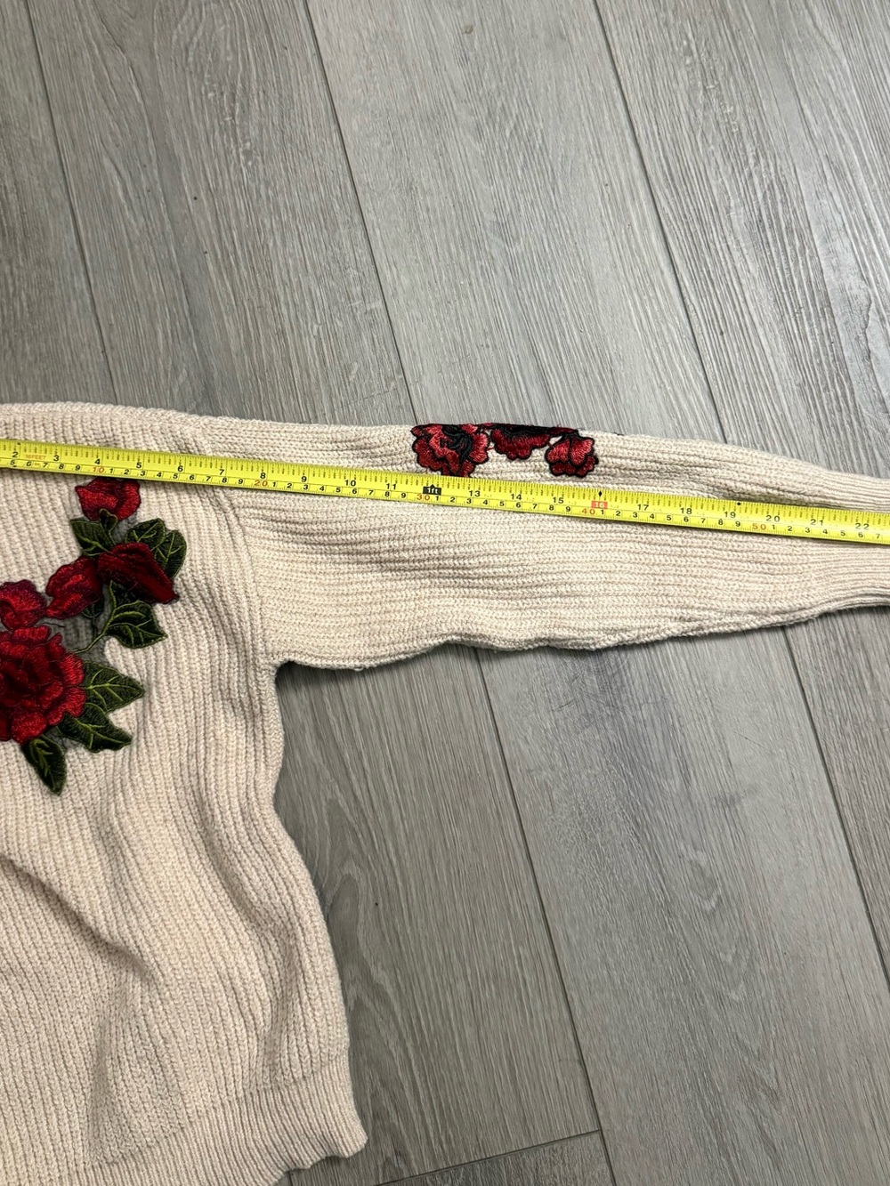 Woven Heart Cream Crewneck Sweater with Red Rose Embroidery - Picture 7 of 7